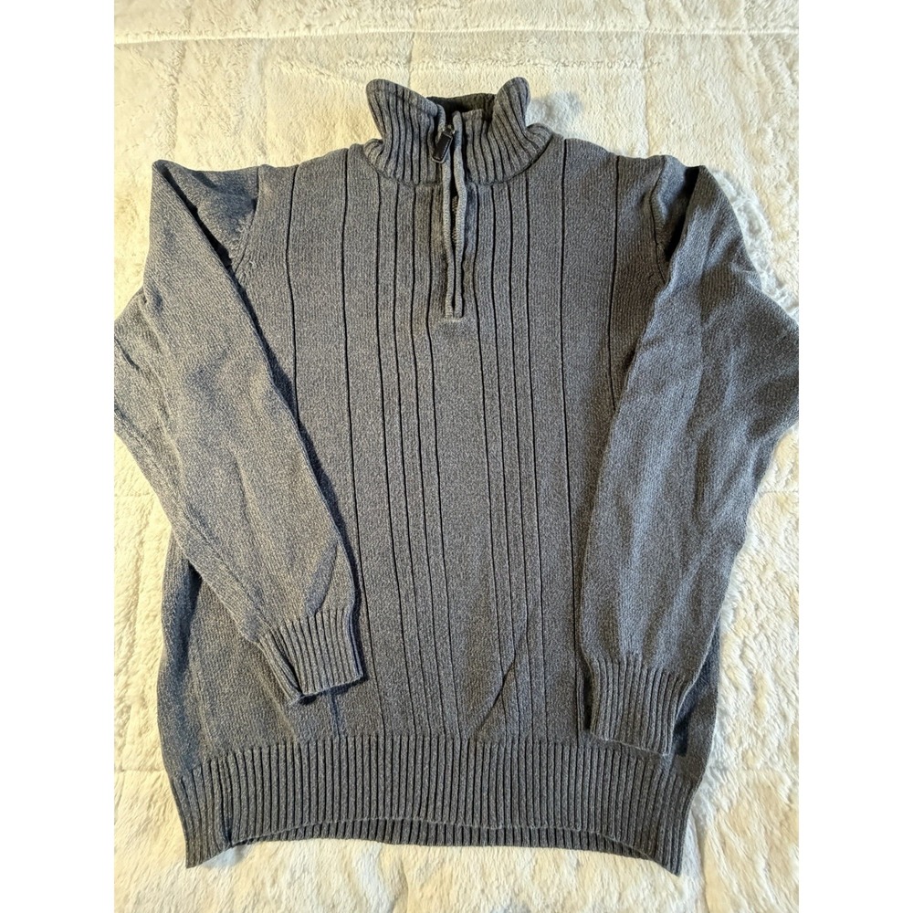 Oscar de la Renta Men's Sweater S Gray Ribbed Knit Quarter Zip Pullover Cotton‎